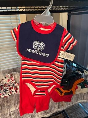 Phat Farm Red & Navy Striped Baby One-Piece with Navy Bib